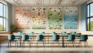 Mur pédagogique montrant tableaux adaptés maternelle primaire collège avec couleurs pastel formes douces illustrations riches œuvres inspirantes