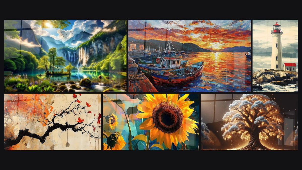 Mosaic of six paintings, including Green Eden Waterfall, Harbor Wall Art No. 3 and Terracotta Wall Art No.4