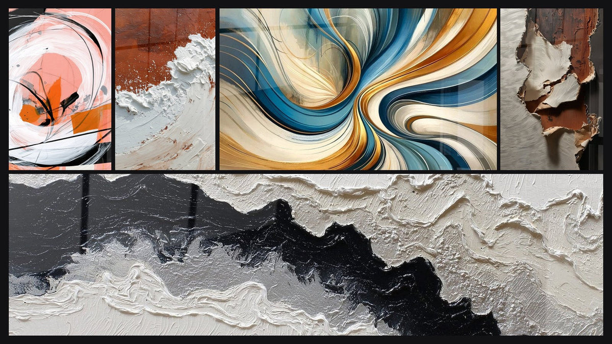 Mosaic of five paintings, including Elegant Spirals
