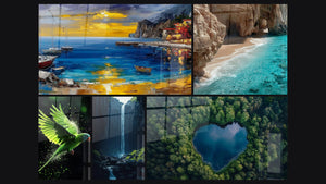 Mosaic of five paintings, including Mediterranean Port Sunset, Mediterranean Cove and Parrot Wall Art N°2