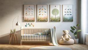 Mur de chambre d'enfant montrant trois tableaux évolutifs adaptés aux différents âges, du bébé au préadolescent
