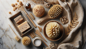 Composition organique d'éponges naturelles et brosses de bain avec textures authentiques et tons neutres créant une harmonie spa