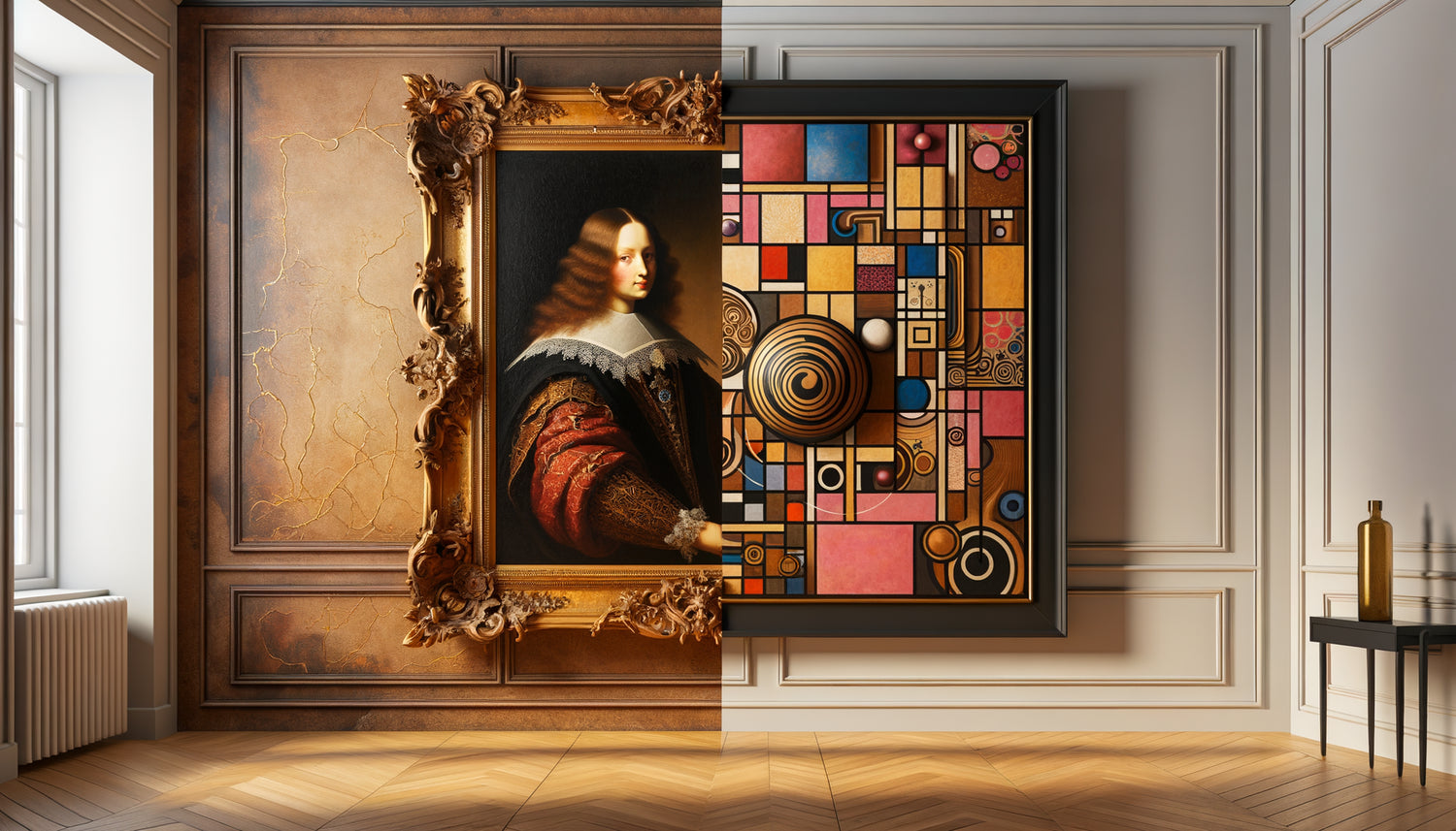Dialogue visuel entre peinture baroque classique encadrée d'or et œuvre abstraite contemporaine minimaliste sur mur élégant