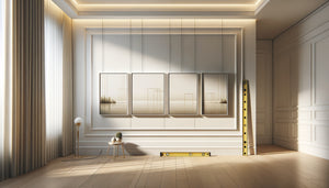 Trois tableaux encadrés espacés régulièrement sur mur blanc créant rythme visuel harmonieux et équilibré