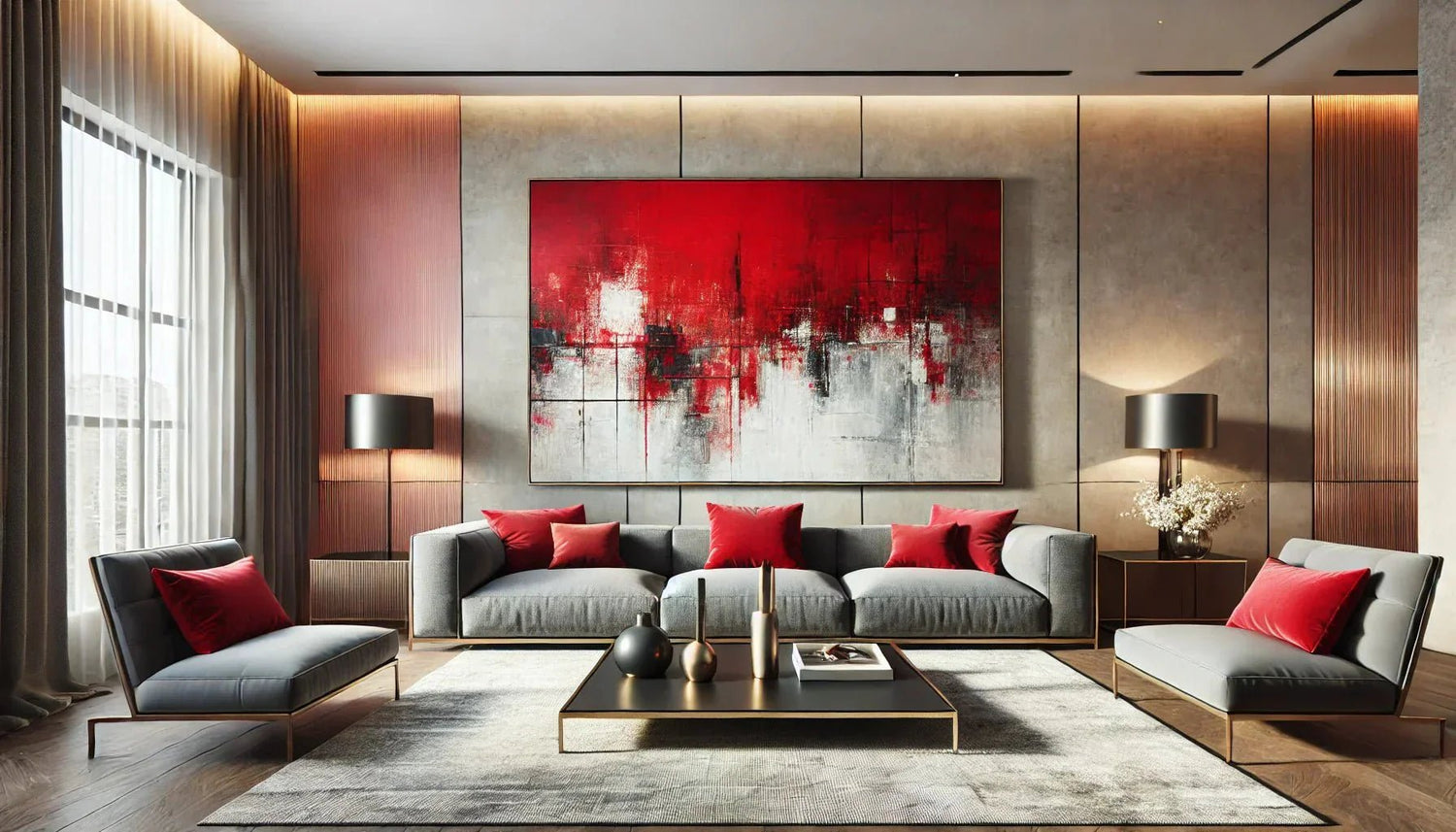Tableau abstrait rouge sur un mur moderne, intégrant des effets texturés et une palette chromatique vibrante pour une décoration murale contemporaine.