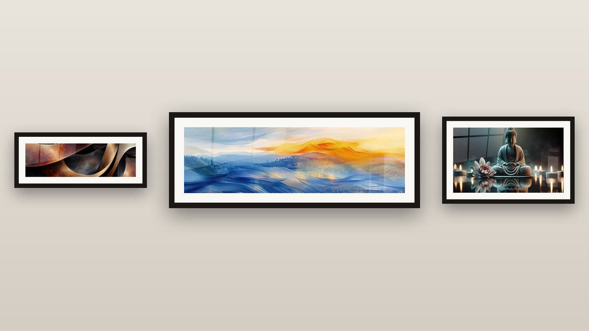 Gallery wall with three framed paintings: Infinite Blue Meditation, Sinuosities Meditation Ochre and Peaceful Meditation