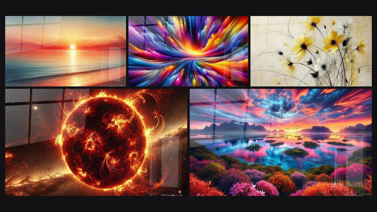Mosaic of five paintings, including Whispers of the Sun, Sunflower and Fire Colossus