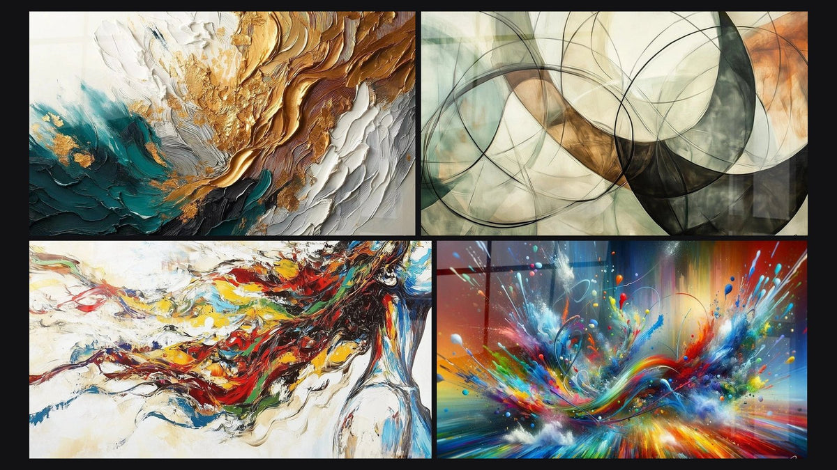 Mosaico di quattro quadri, tra cui Traccia in Oro e Giada, Muse Moderna e I Legami Invisibili