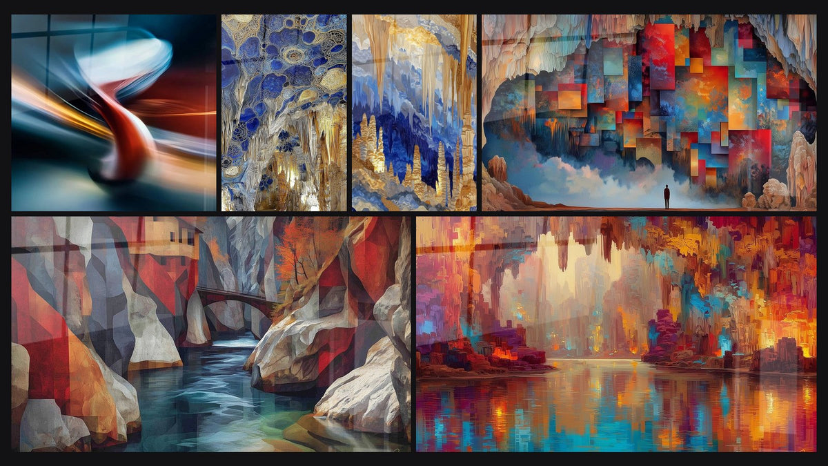 Mosaïque de six tableaux, dont Chaise moderne, Grotte Illuminée et Canyon Aquatique Cubiste