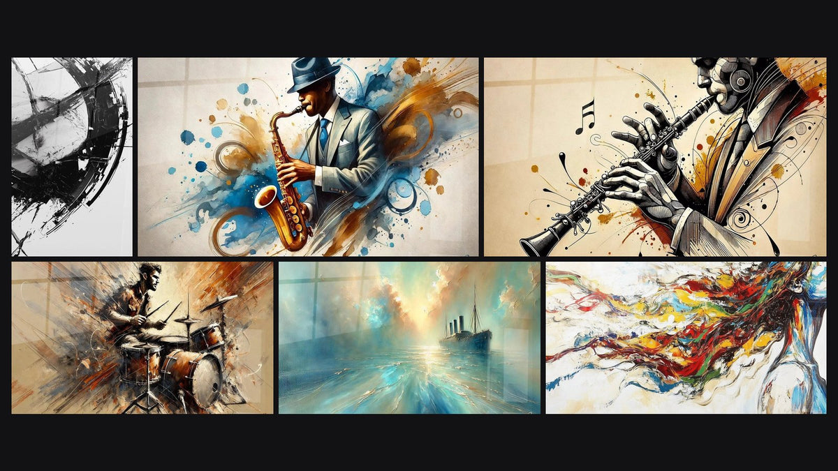 Mosaico di sei quadri, tra cui La Frattura del Tempo, Clarinetto N°1 e Batteria N°2