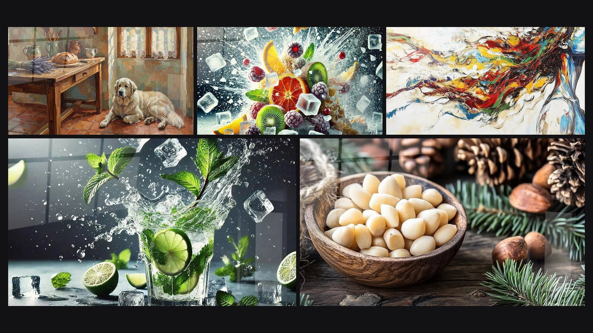 Mosaik aus fünf Gemälden, darunter Berghund in rustikaler Küche, Eiskalter Cocktail und Tafel Muse Modern