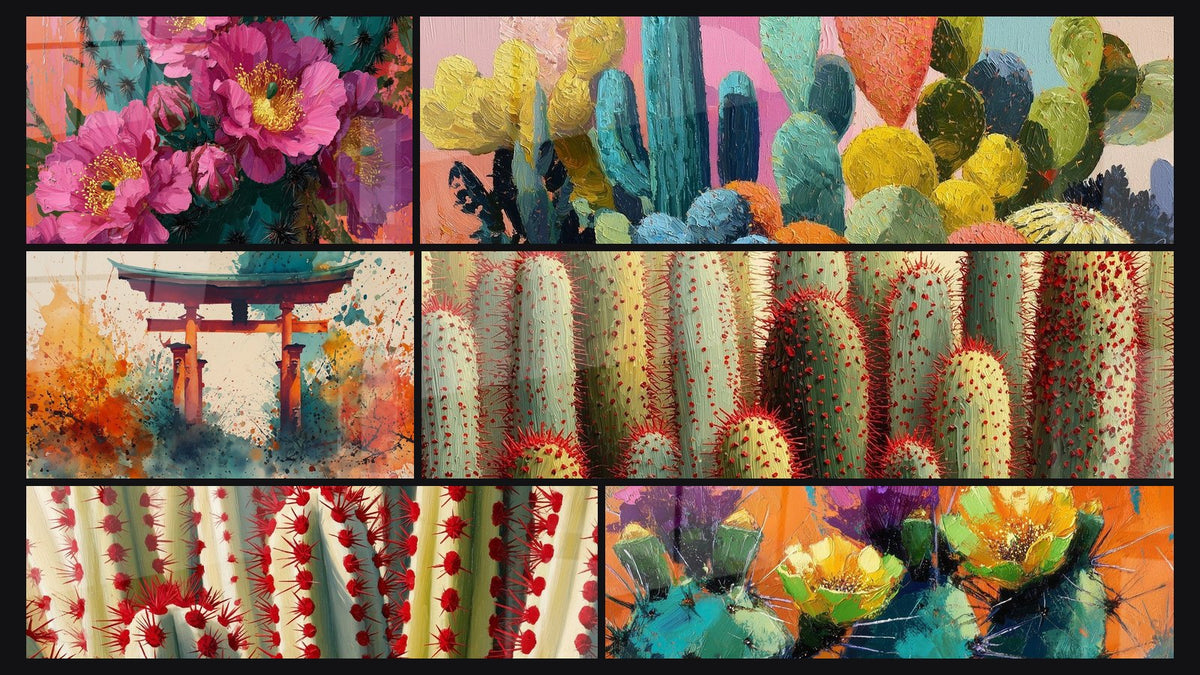 Mosaïque de six tableaux, dont Cactus Multicolores Expressifs et Cactus aux Épines Rouges sur Fond Écru