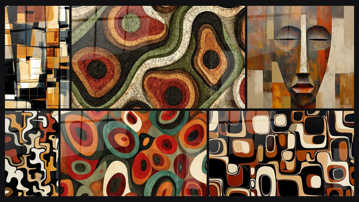 Mosaico de seis cuadros, entre ellos Abstracto geométrico, Formas Orgánicas y Motivos Orgánicos