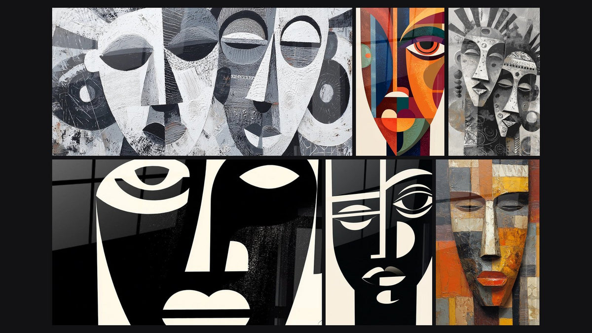 Mosaik aus sechs Gemälden, darunter Afrikanische Masken Abstrakt, Afrikanische Masken und Modernes Stammesmasken