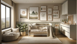 Chambre d'enfant intemporelle avec galerie de tableaux évolutifs aux tons naturels et motifs universels