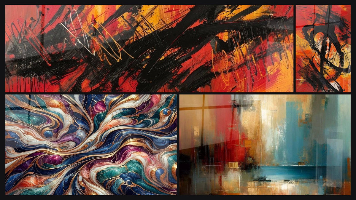 Mosaïque de quatre tableaux, dont Abstrait expressionniste, Cosmos Enchanté et Fragmentations Urbaines