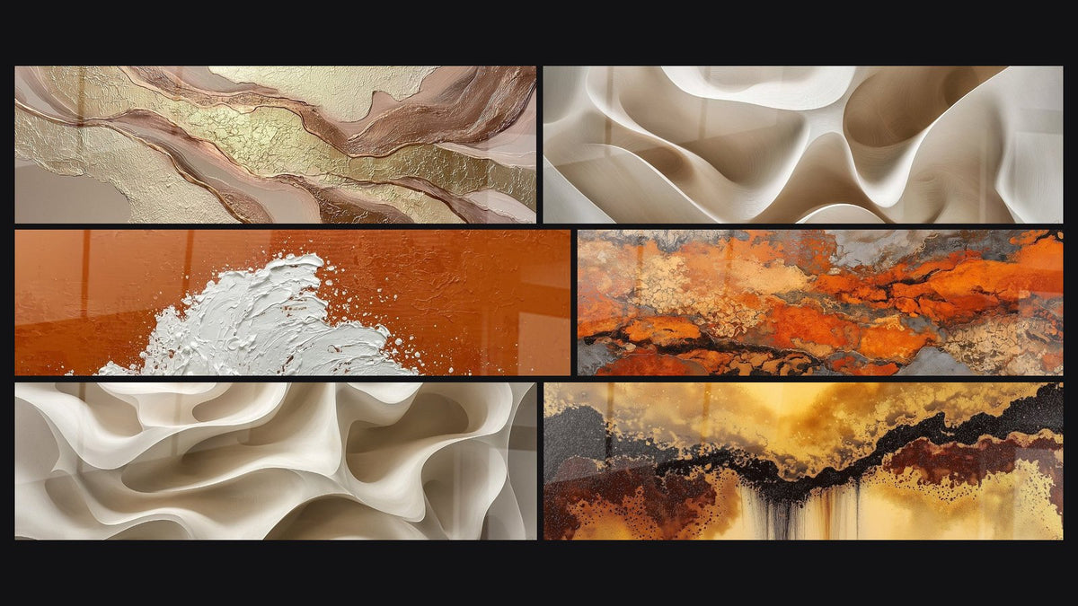 Mosaico di sei quadri, tra cui Astratto Onde Dorate e Ramate e Onda Bianca su Sfondo Arancio Ramato