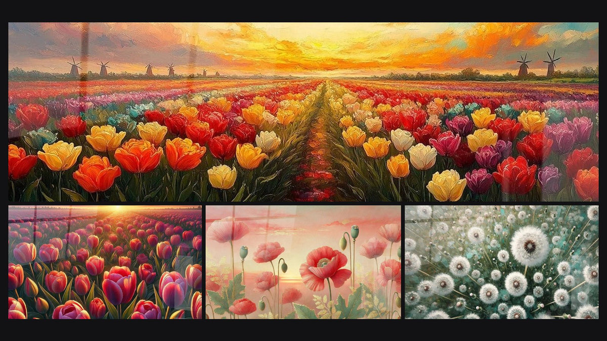 Mosaïque de quatre tableaux, dont Mémoire Champêtre, Mer de Tulipes et Beauté Printanière