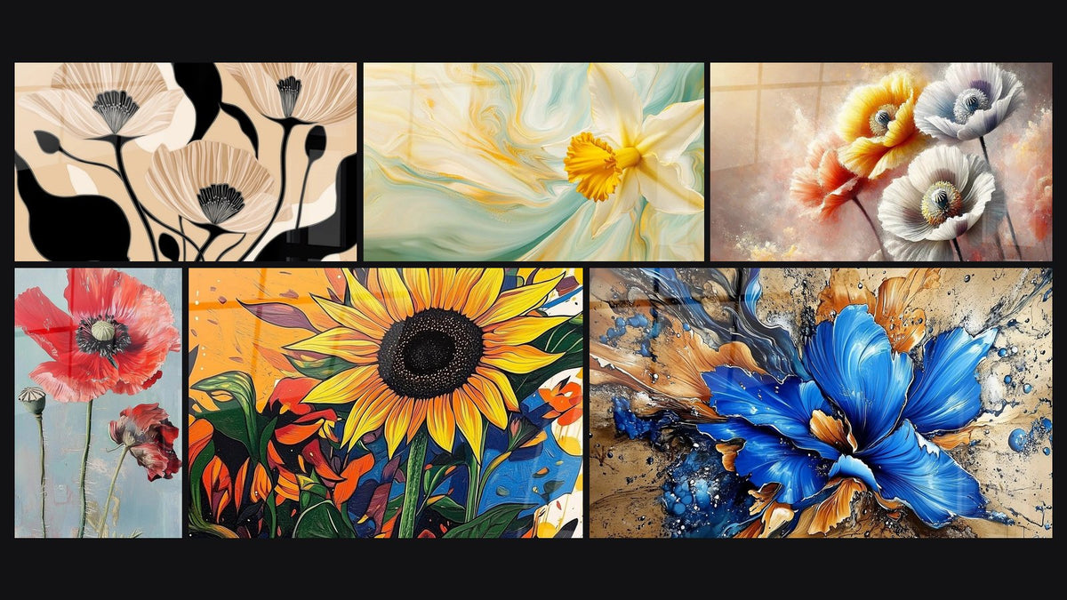 Mosaïque de six tableaux, dont Fleurs Stylisées, Coquelicot N°2 et Narcisse N°3