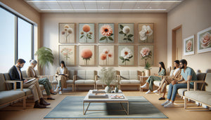 Salle d'attente médicale moderne avec plusieurs tableaux floraux aux murs et patients aux réactions diverses