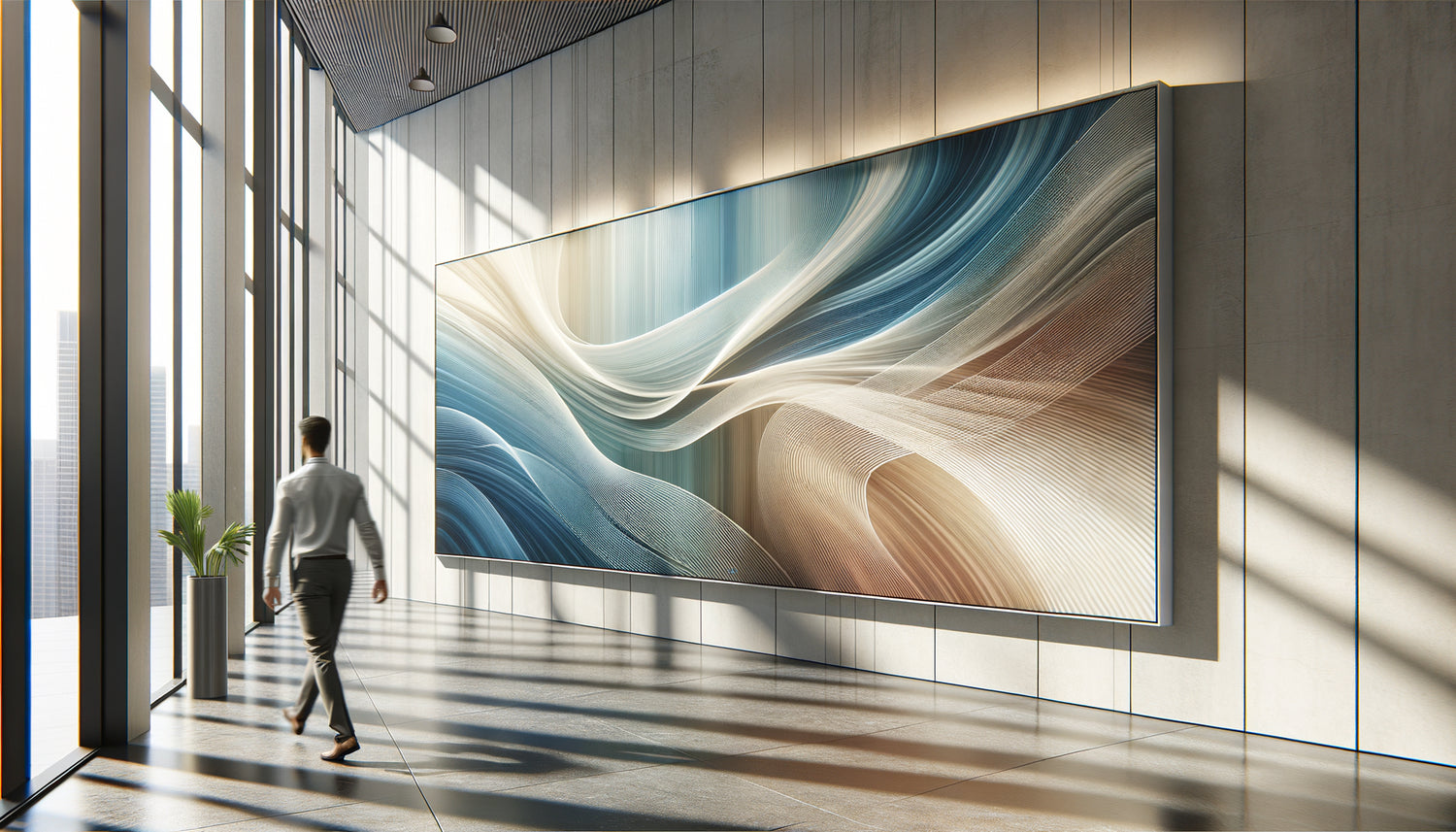 Couloir moderne avec tableau abstrait fluide aux lignes dynamiques et couleurs douces, apprécié en mouvement