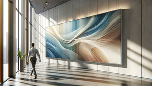 Couloir moderne avec tableau abstrait fluide aux lignes dynamiques et couleurs douces, apprécié en mouvement