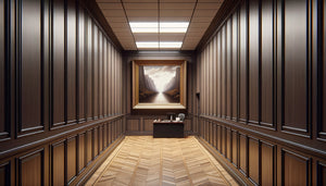 Couloir étroit d'étude notariale avec tableau horizontal surdimensionné créant un effet d'oppression visuelle