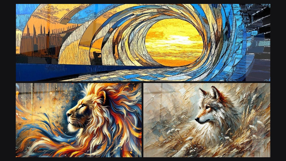 Mosaico di tre quadri: Tavola vaga oceanica a spirale, Fiamma Selvaggia e Echo della Foresta
