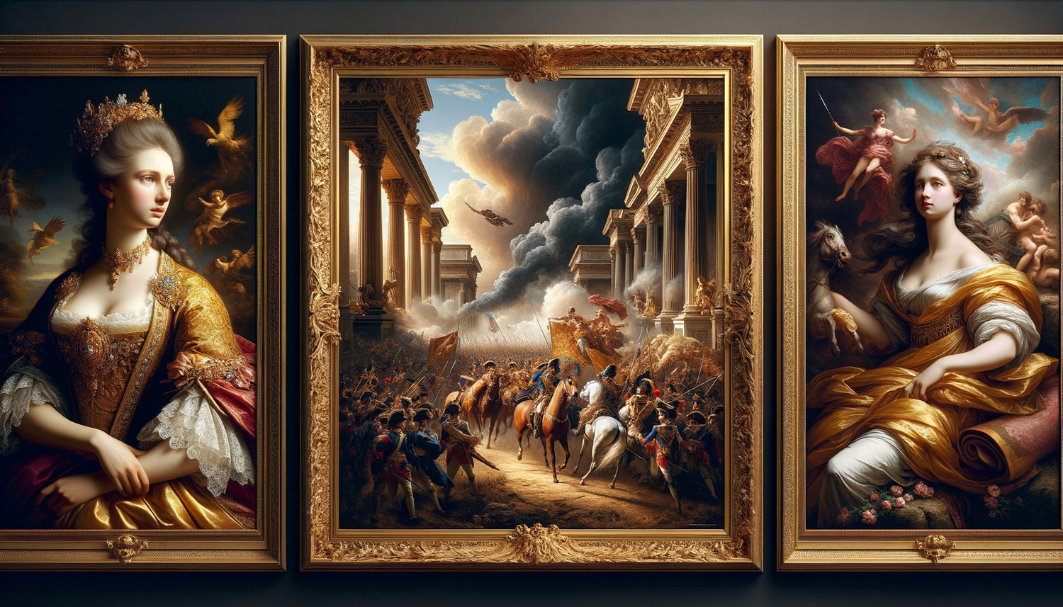 Trois tableaux historiques classiques : portrait baroque, scène de bataille romantique et mythologie néoclassique