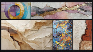 Mosaic of five paintings, including Concentric Colored Circles, Abstract Beige and Earth and Colorful explosion