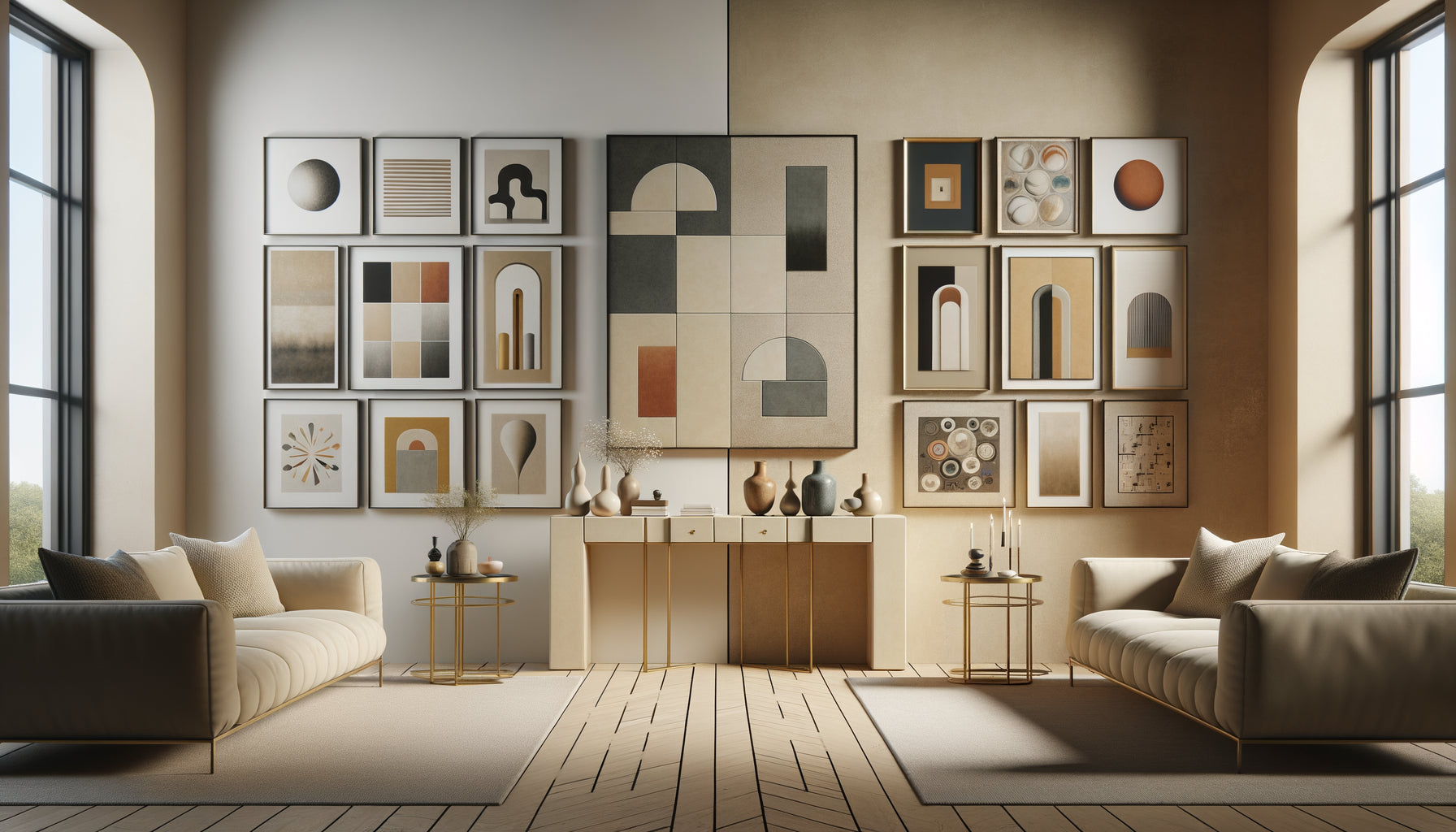 Comparaison entre mur symétrique avec tableaux identiques et mur dynamique avec œuvres variées en décoration contemporaine