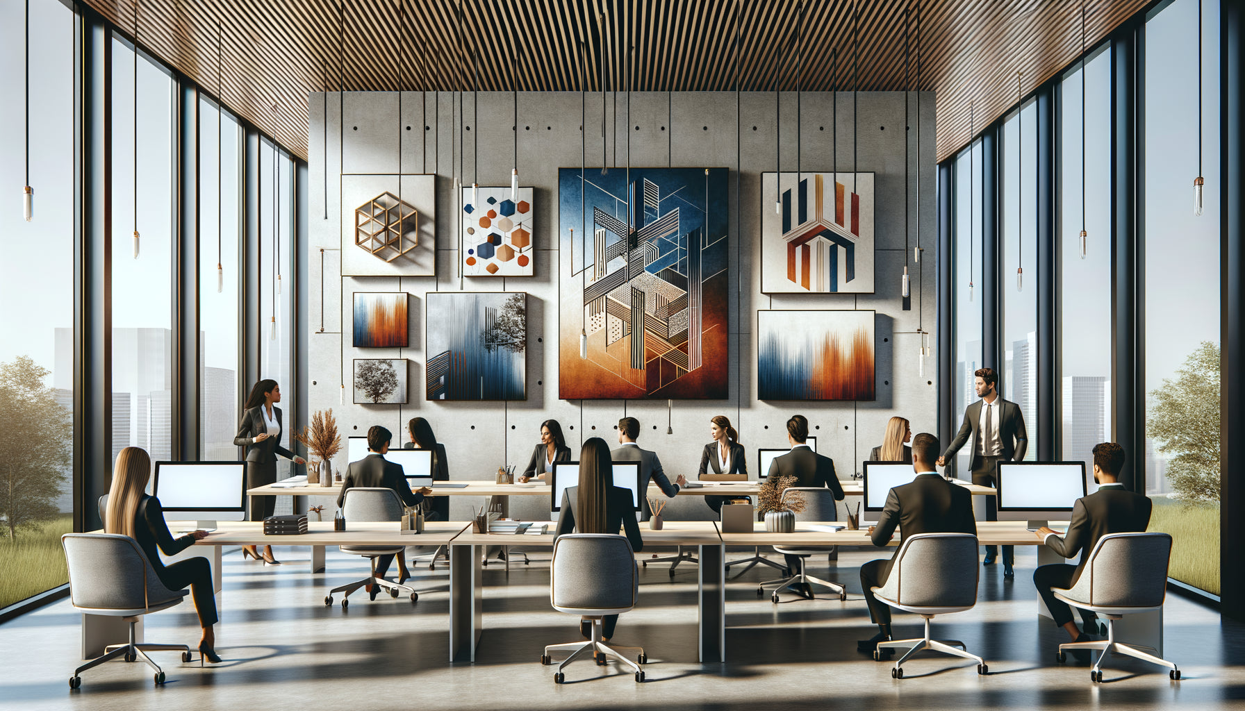 Bureau moderne avec tableaux d'art contemporain illustrant l'identité visuelle d'entreprise et équipe collaborant