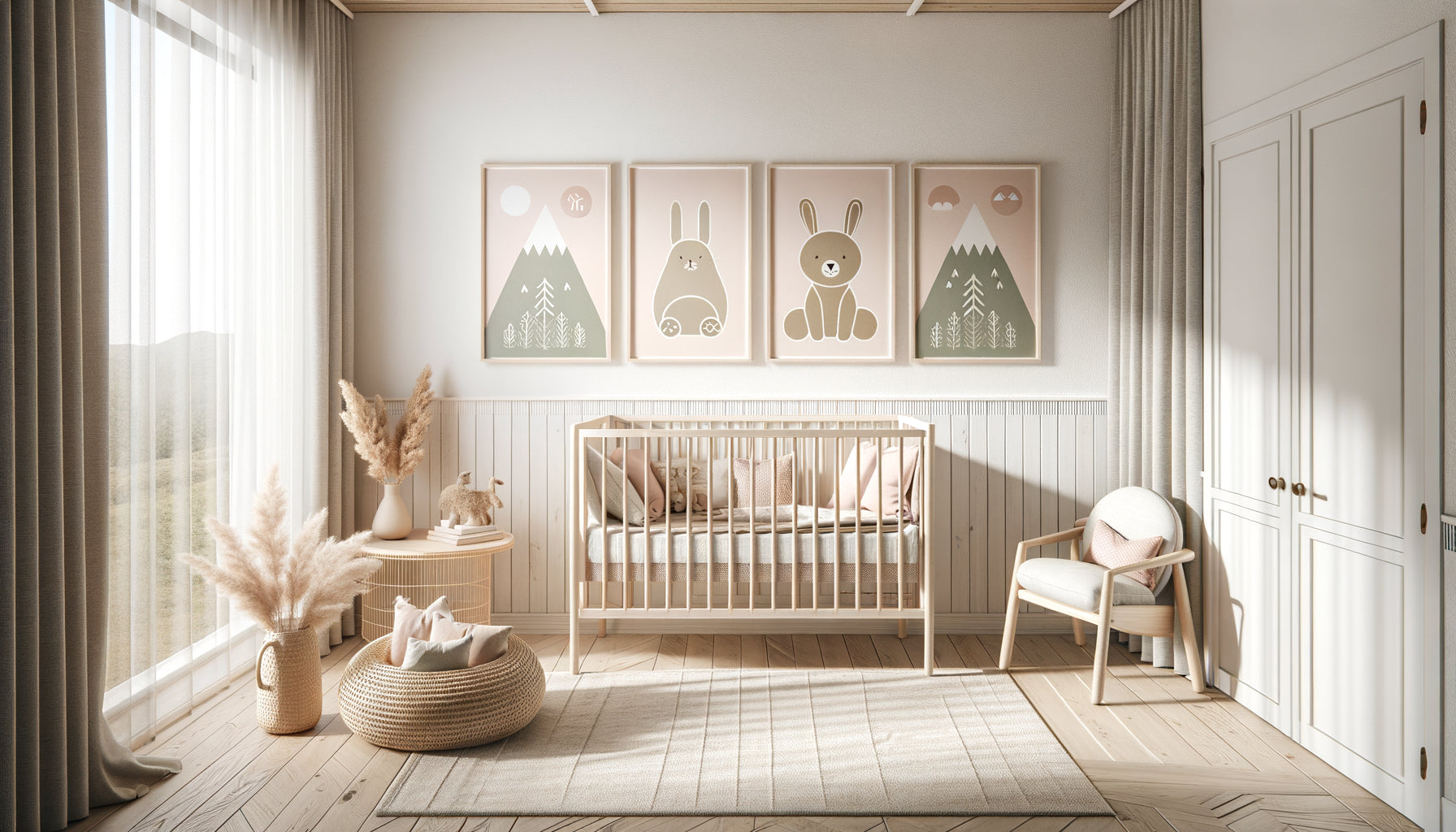 Chambre d'enfant scandinave moderne avec illustrations minimalistes aux couleurs pastel et mobilier en bois naturel
