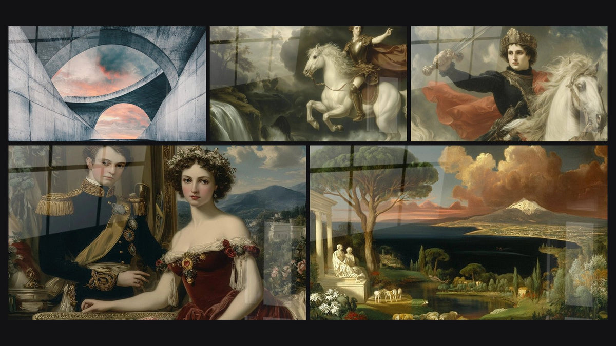 Mosaic of five paintings, including Futuristic Architecture, Celestial Gallop Cavalier and Triumphant Honour Cavalier