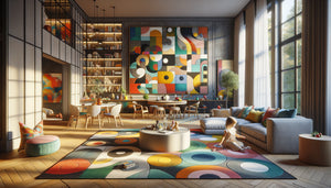 Salon familial contemporain avec tableaux à lecture multiple plaisants pour enfants et adultes, décoration intergénérationnelle harmonieuse