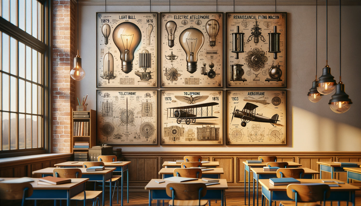 Mur de classe orné d'affiches illustrant des inventions historiques célèbres dans un style schéma technique vintage inspirant