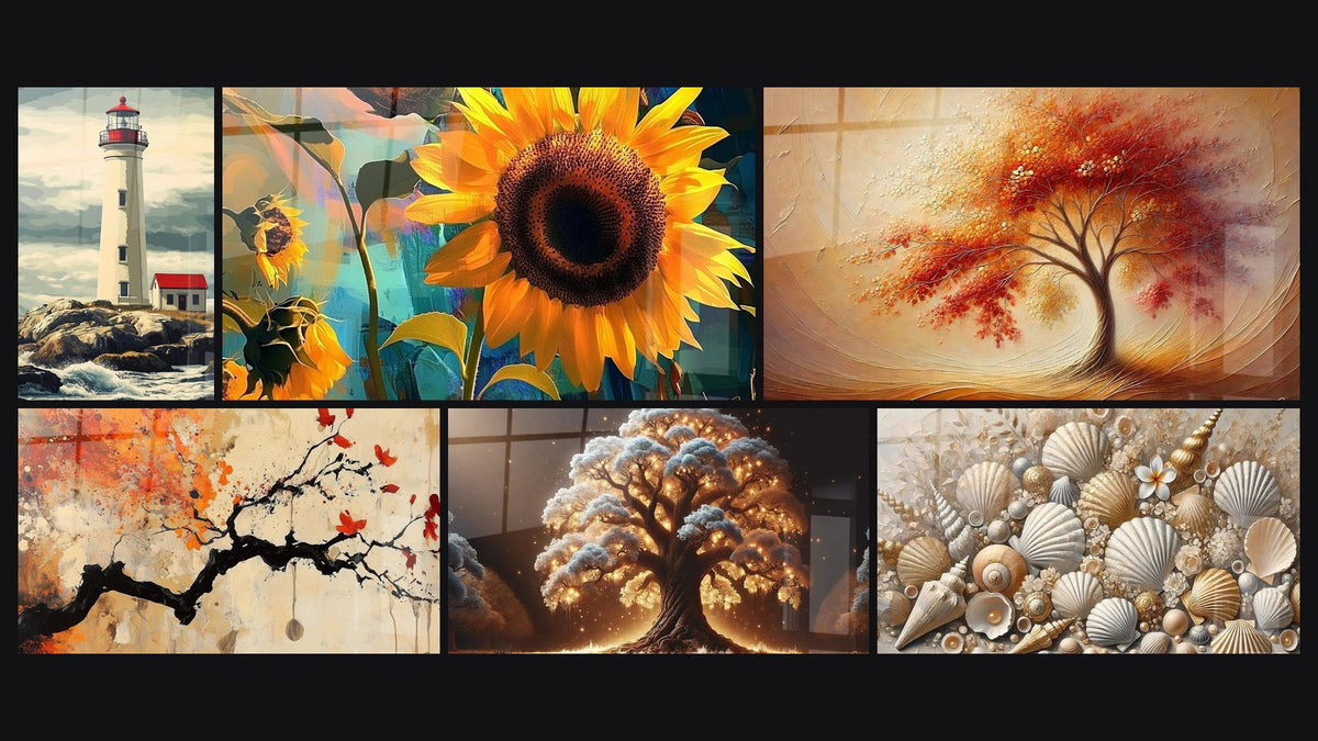 Mosaico di sei quadri, tra cui Faro N°3, Girasole N°1 e Danza delle Stagioni