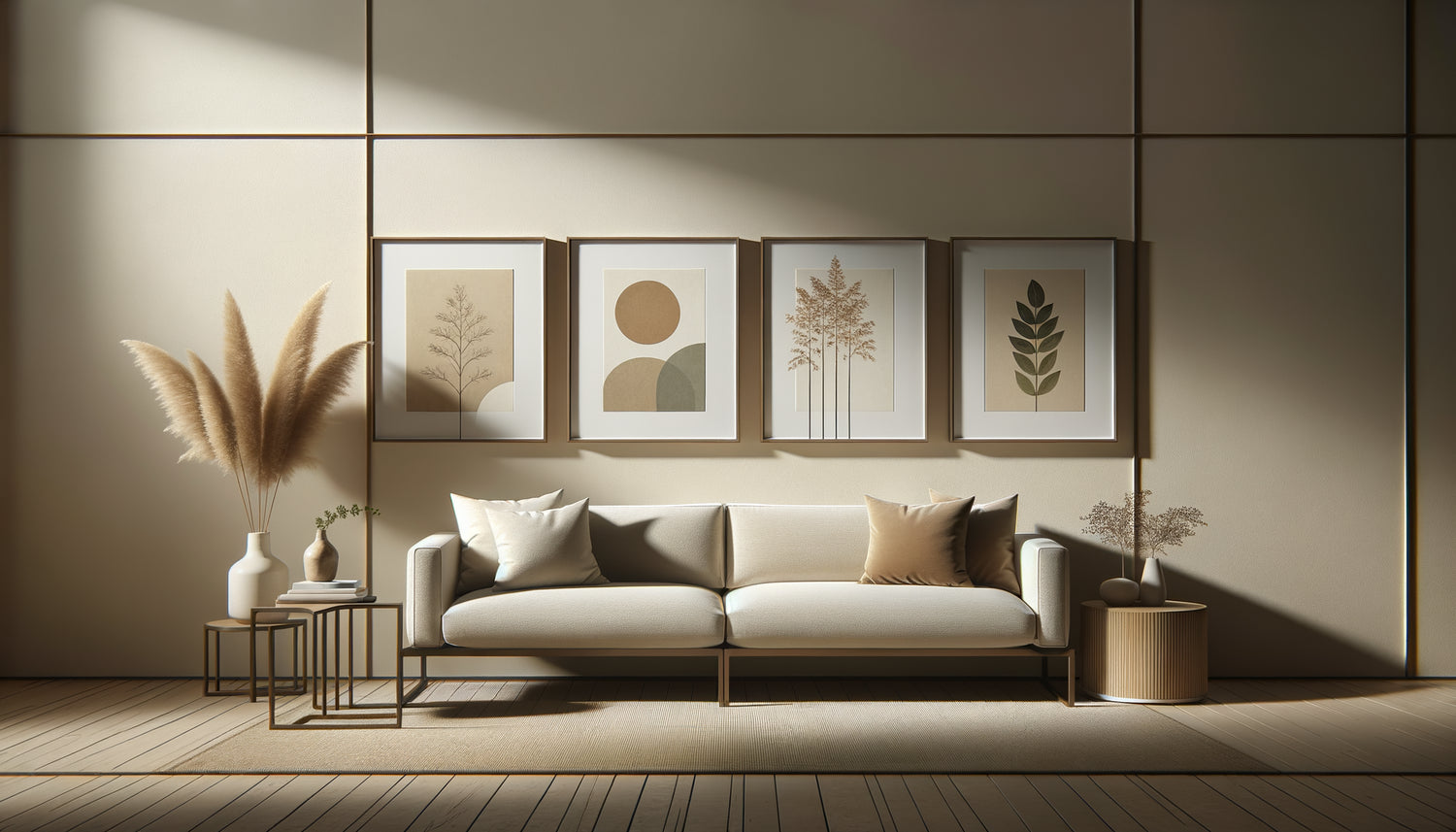 Trois tableaux encadrés disposés en ligne horizontale parfaitement alignée sur un mur beige, créant une composition stable et apaisante