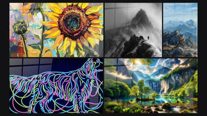 Mosaic of five paintings, including Sunflower Wall Art No. 2, Alpinist Mountain and English Setter Dog Neon Multicolor Lines