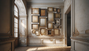 Mur de couloir ancien avec imperfections camouflées par arrangement stratégique de tableaux encadrés de différentes tailles