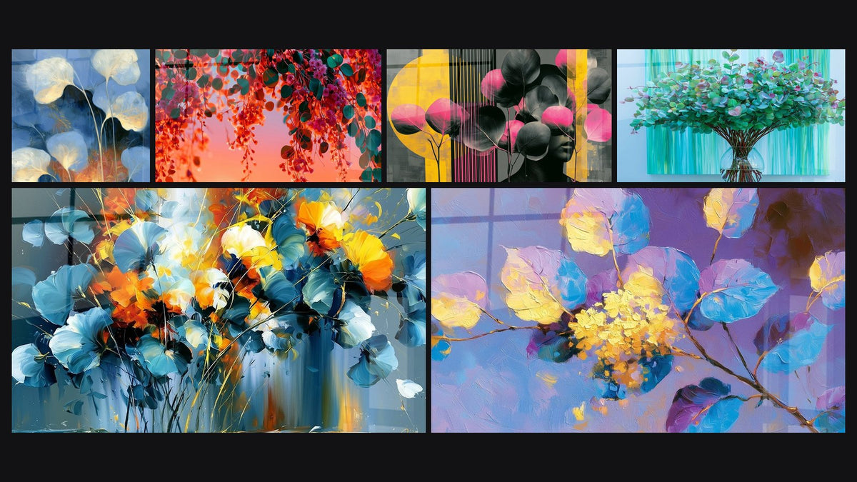 Mosaïque de six tableaux, dont Feuilles rondes bleu et orange lumineux et Branches d'eucalyptus roses et orangées