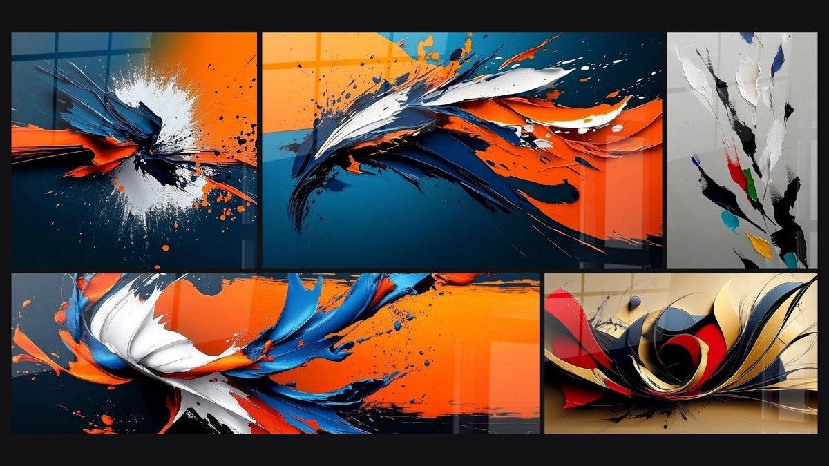 Mosaic of five paintings, including Abstract Explosion, Abstract Explosion of Colors and Abstract Movement