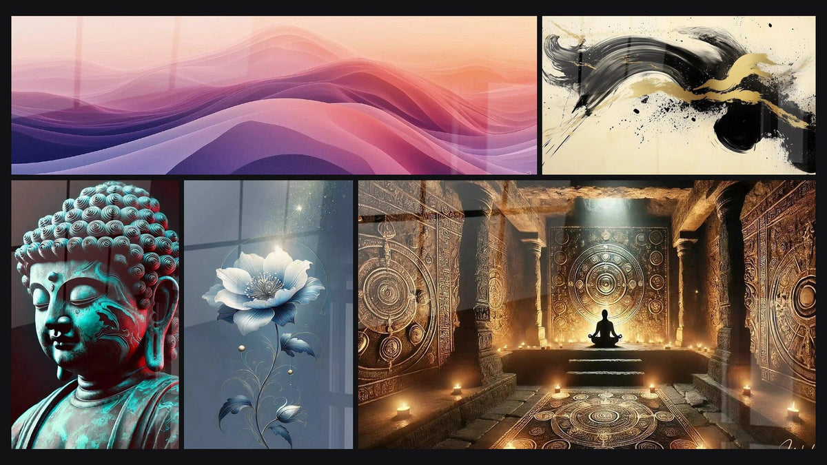 Mosaik aus fünf Gemälden, darunter Seidenartig Fließend Mauve, Ruhiges türkises und Poesie in Blau