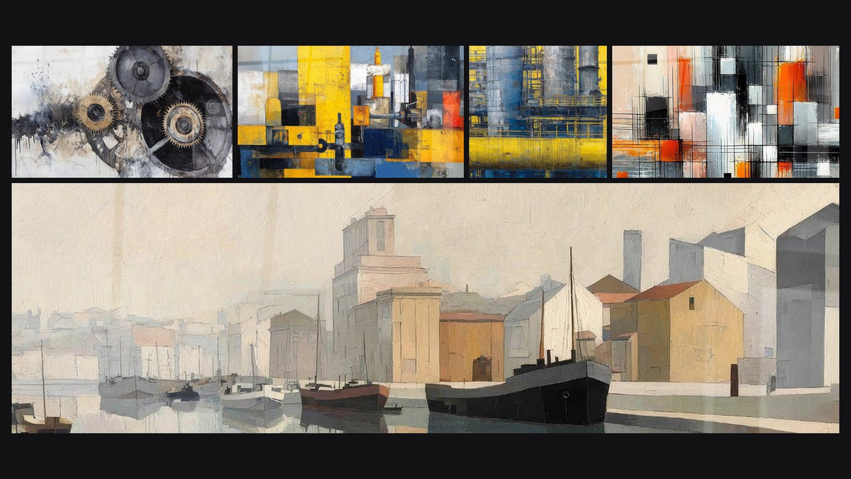 Mosaïque de cinq tableaux, dont Engrenages Industriels, Abstrait industriel et Complexe industriel abstrait