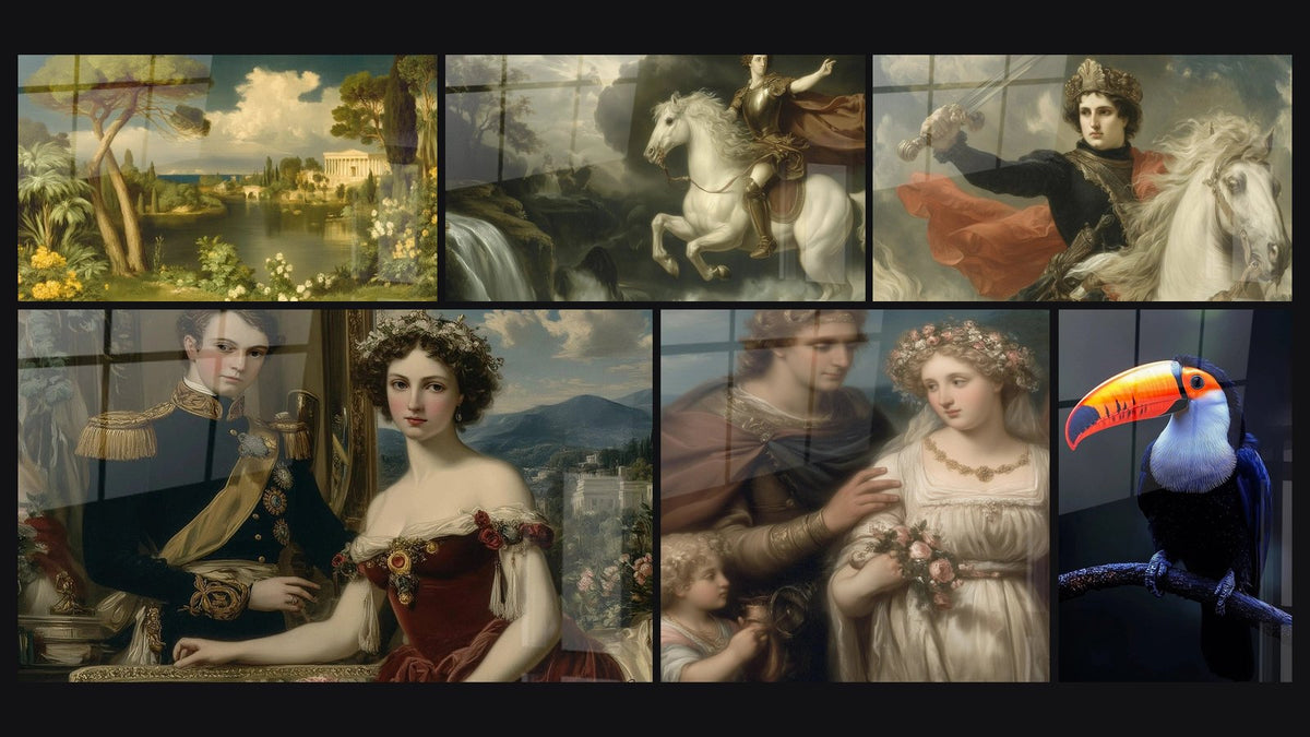Mosaïque de six tableaux, dont Arcadie Vision Idéale, Cavalier Galop Céleste et Cavalier Honneur Triumphant