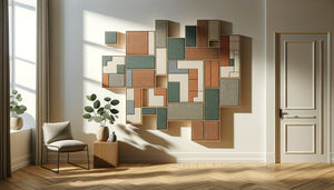 Système de tableaux modulables avec panneaux multiples repositionnables sur mur blanc dans intérieur contemporain minimaliste