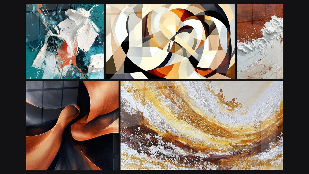 Mosaic of five paintings, including White Shimmer and Teal in Relief and Interlocking circular shapes