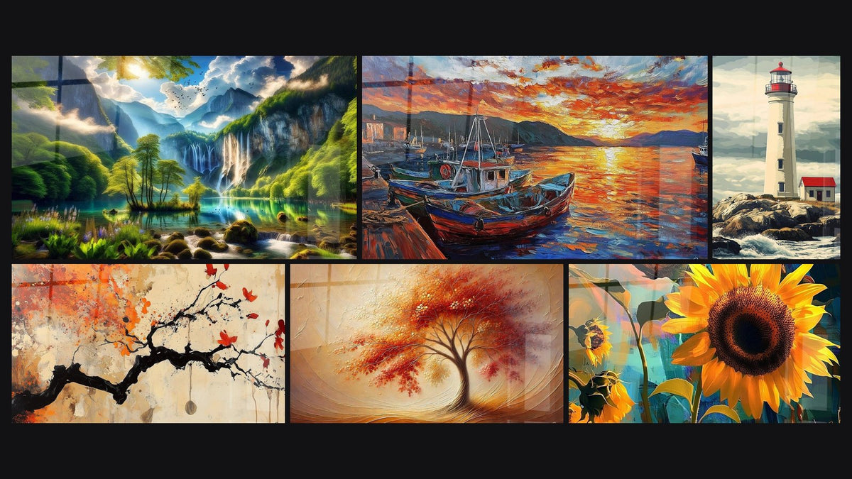 Mosaïque de six tableaux, dont Éden Vert aux Mille Cascades, Port N°3 et Phare N°3