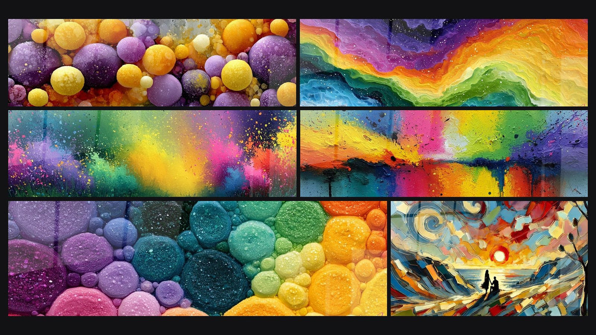 Mosaic of six paintings, including Purple and Gold Granular Spheres and Yellow and Purple Splatter Cloud