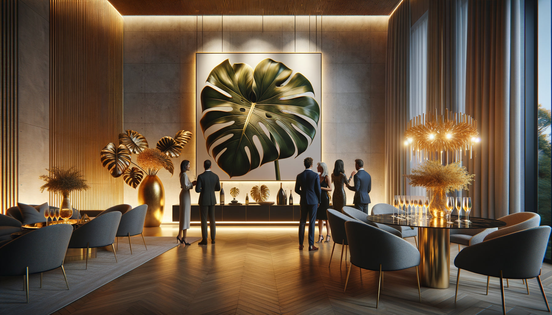 Invités admirant un grand tableau botanique doré lors d'une réception dans un salon contemporain élégant